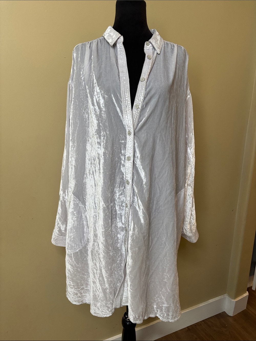 NWT Free People Silver Crushed Velvet Button-Up Tunic